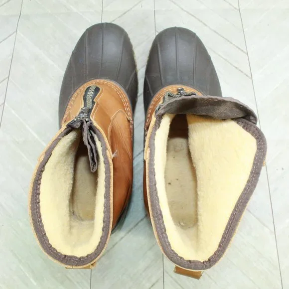 LL Bean Brown Leather Lounger Shearling Lined Front Zip Duck Boots Size 9 M - Picture 6 of 9